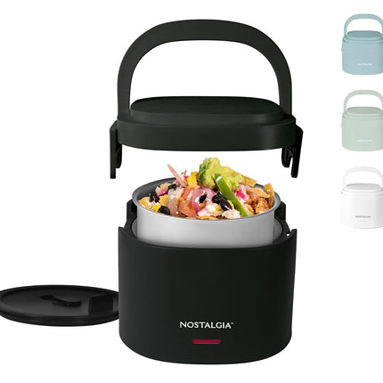 Lonchera eléctrica portátil Nostalgia de 20 onzas con calefacción – Tamaño de viaje, capacidad de 2.5 tazas para sopa, chile y sobras – Tapa sellada de silicona a prueba de fugas, asa de transporte plegable, cable desmontable – Negro
