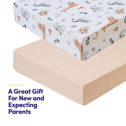 2 Pack Crib Sheets for Boys & Girls – Snug Full Elastic Fit for Standard Crib Mattresses (28″×52″) – Stylish Zoo Animals, Feathers & Arrowhead, Gingham & Petals, Watercolor Vines Prints, Zoo Animals