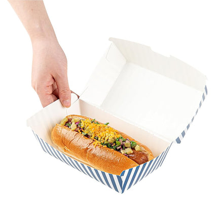 Bio Tek 6.7 x 3.5 x 3.5 Inch Clamshell Food Containers, 100 Disposable Sandwich Containers - Hinged Lid, Tab-Lock Closure, Blue And White Paper Hot Dog Containers, Greaseproof - Restaurantware