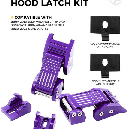 Purple U.S. Flag Aluminum Hood Latches Compatible with 2007+ Jeep JK JL JT