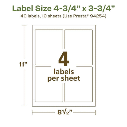 Avery EcoFriendly Matte White Recycled Rectangle Labels, 4.75" x 3.75", Print-to-The-Edge, Matte White Labels, Permanent Label Adhesive, Laser/Inkjet, 40 Printable Labels