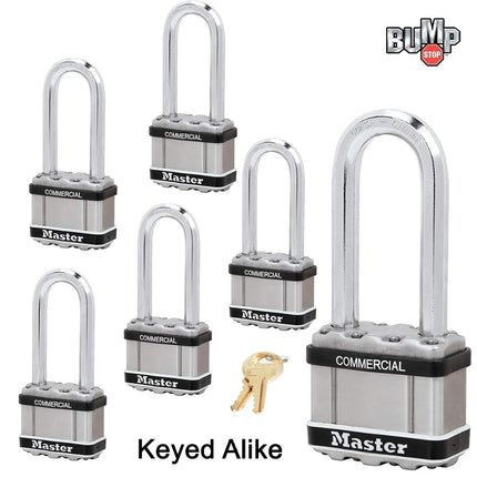 Master Lock Magnum Padlock - 2" W x 2-1/2"L Shackle, Six (6) Keyed Alike Locks M5NKALJSTS-6 w/BumpStop Technology