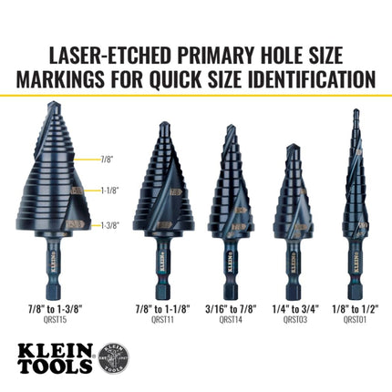 Klein Tools QRST15 Step Drill Bit, Quick Release Spiral Double-Fluted, 7/8 to 1-3/8-Inch, Hex Shank, Cut Steel, Wood, Plastic, Aluminum