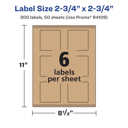 Avery Kraft Brown Square Labels with Sure Feed, 2.75" x 2.75", 300 Kraft Brown Labels, Print-to-The-Edge, Laser/Inkjet Printable Labels
