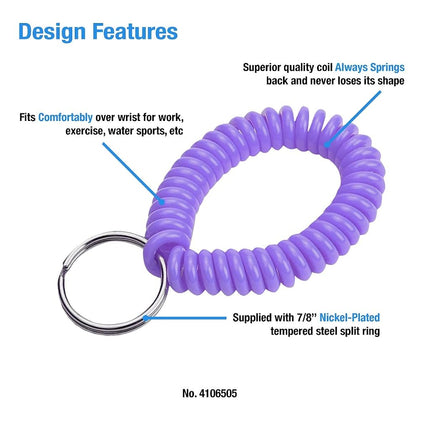 Lucky Line 2” Diameter Spiral Wrist Coil with Steel Key Ring, Flexible Wrist Band Key Chain Bracelet, Stretches to 12”, Purple, 5 Pack (4106505)