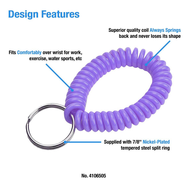 Lucky Line 2” Diameter Spiral Wrist Coil with Steel Key Ring, Flexible Wrist Band Key Chain Bracelet, Stretches to 12”, Purple, 5 Pack (4106505)