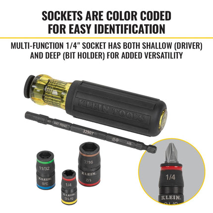 Klein Tools Impact Driver, 7-in-1 Impact Flip Socket Set with Handle, 6 Hex Driver Sizes Plus a 1/4-Inch Bit Holder 32900