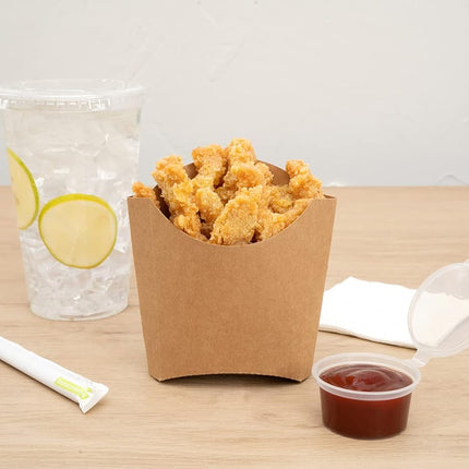 Bio Tek 4.5 x 3.2 x 3.9 Inch French Fry Cup, 100 Disposable Snack Cups - Stackable, Sustainable, Kraft Paper 3 Ounce Fry Holder, for Fries, Onion Rings, Popcorn, or Cookies - Restaurantware
