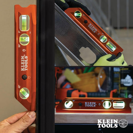 Klein Tools 935RBLT Level, Lighted Torpedo Level with Magnet, 3 Vials and V-Groove, Water and Impact Resistant, Great for Conduit Bending High-Visibility Orange