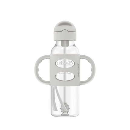 Dr. Brown's Milestones Narrow Sippy Straw Bottle, Spill-Proof with 100% Silicone Handles and Weighted Straw, 8 oz/250 mL, Gray & Blue, 6m+