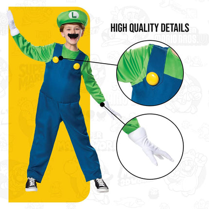 DISGUISE Official Deluxe Nintendo Luigi Costume Kids, Super Mario Costume Kids Fancy Dress Up Outfit for Boys Children Halloween Birthday World Book Day Week Costume Medium
