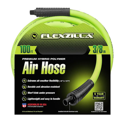 Flexzilla Air Hose, 3/8 in. x 100 ft., 1/4 in. MNPT Fittings, Heavy Duty, Lightweight, Hybrid, ZillaGreen - HFZ38100YW2
