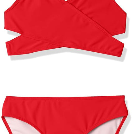 Traje de baño de 2 piezas Kanu Surf para niña, modelo Coral Reef Beach Sport, bikini cruzado, rojo liso, talla 14