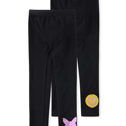 The Children's Place Girls' Single Fleece Lined Leggings, Sequin Happy Face/Sequin Butterfly 2-Pack, Large