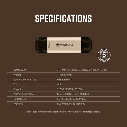 Transcend JetFlash 930C 128GB Dual USB Memory Stick, Type-C & Type-A, Speed up to 420MB/s-Soft Gold TS128GJF930C