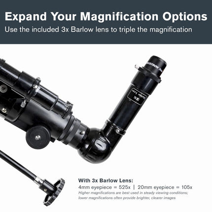 Celestron 21037 PowerSeeker 70EQ Refractor Telescope - includes Two Eyepieces, Erect Image Diagonal, 3x Barlow Lens, Height-adjustable Tripod and Deluxe Accessory Tray, Black