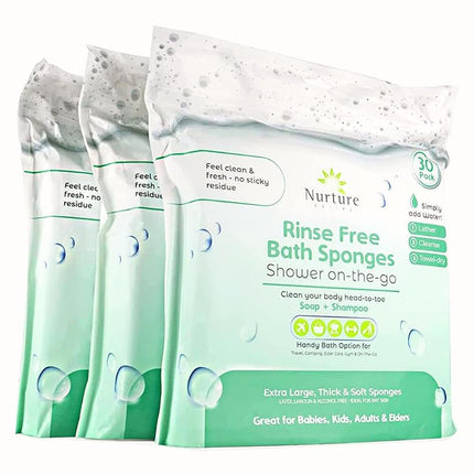 Rinse Free Sponge Bath Wipes (30pack) Extra Large & Thick No Rinse Waterless Body Wipe Sponges Disposable Shower OnTheGo Cleaning Wash Cloths for Kids Adults Elder Care Gym Travel & More (3 Pack)
