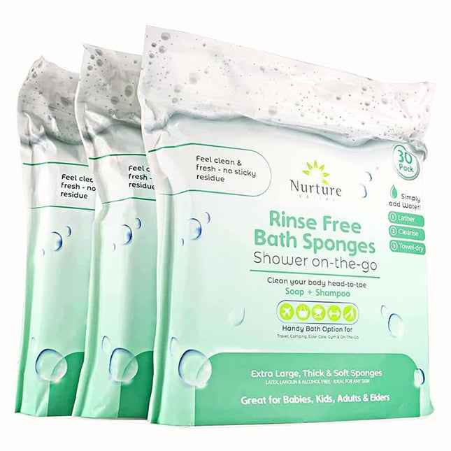 Rinse Free Sponge Bath Wipes (30pack) Extra Large & Thick No Rinse Waterless Body Wipe Sponges Disposable Shower OnTheGo Cleaning Wash Cloths for Kids Adults Elder Care Gym Travel & More (3 Pack)