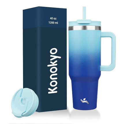 Gobelet Konokyo 40 oz avec poignée et 2 pailles, bouteille d'eau isotherme 2 en 1 avec couvercle, tasse de voyage à café en acier inoxydable, couleur ciel