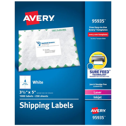 Étiquettes d'expédition imprimables Avery avec Sure Feed, 8,9 x 12,7 cm, blanches, 1 000 étiquettes vierges (95935)