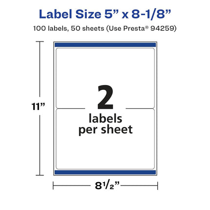 Avery Glossy White Rectangle Labels with Sure Feed, 5" x 8-1/8", 100 Glossy White Labels, Permanent Label Adhesive, Laser/Inkjet Printable Labels