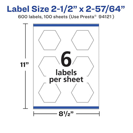 Avery Matte White Hexagon Labels with Sure Feed, 2.5" x 2-57/64", 600 White Labels, Print-to-The-Edge, Permanent Label Adhesive, Laser/Inkjet Printable Labels