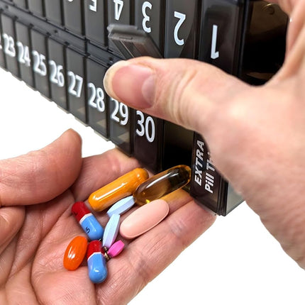AM PM 31 Day Once-a Day Monthly Pill Planner Organizers - Large Compartment Pill Boxes Store Medications for Entire Month Plus Compartment for Extra Pills (AM/PM) (Am/Pm Black & Teal)