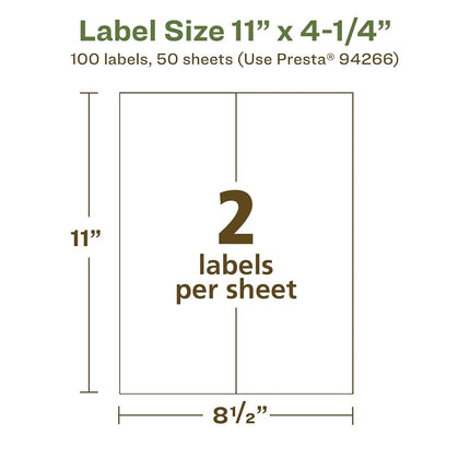 Etiquetas rectangulares recicladas Avery EcoFriendly de papel blanco mate, 11" x 4.25", etiquetas blancas mate, adhesivo permanente, aptas para impresoras láser/de inyección de tinta, 100 unidades en total