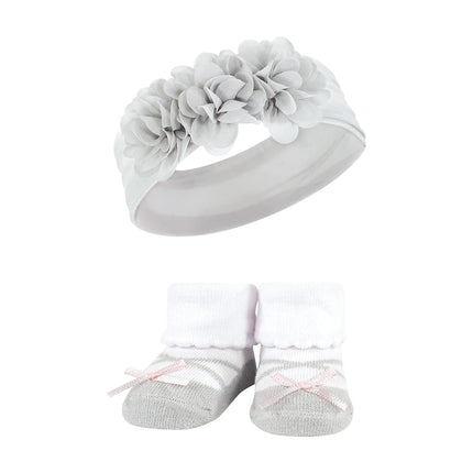 Hudson Baby Girl's Headband and Socks Giftset, Pink Black Gray, One Size
