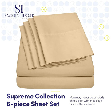 Sweet Home Collection 2 taies d'oreiller supplémentaires/Parure de draps 6 pièces en microfibre brossée 1500 fils/pouce carré, poches profondes, RV Short Queen, Camel