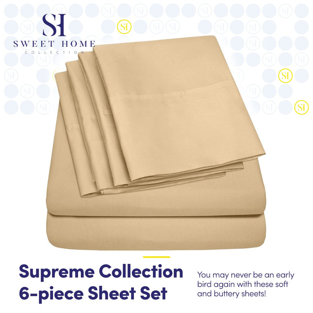 Sweet Home Collection 2 Extra Pillow Cases/Value 6 Piece 1500 Thread Count Brushed Microfiber Deep Pocket Sheet Set, RV Short Queen, Camel