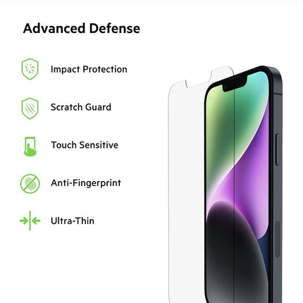 Belkin TemperedGlass iPhone 17e, 16e, 14, 13, 13 Pro Screen Protector, AntiMicrobial-Treated, Easy Bubble Free Application with Included Installation Guide Tray, 9H Hardness Tested