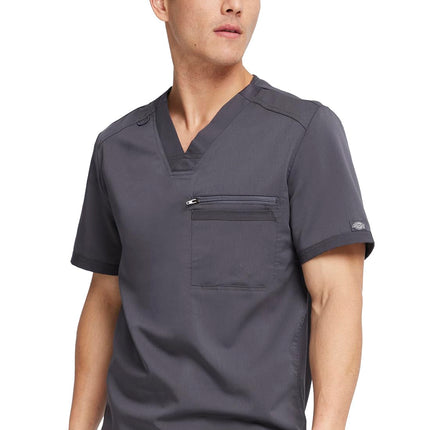 Dickies Scrub Top for Men with Zip Chest Pocket, Rib Knit, I.D. Badge at, 2-Way Stretch Durable & Breathable Fabric - DK865, Pewter, Medium