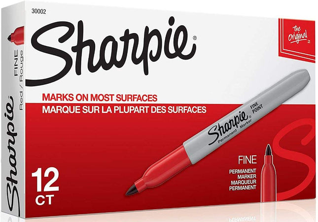 Marcador permanente Sharpie 30002 de punta fina (paquete de 2), marca en papel y plástico, resistente a la decoloración y al agua, certificado AP, color rojo, 12 marcadores por caja, paquete de 2 cajas, 24 marcadores en total