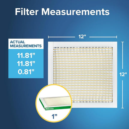 Filtrete 12x12x1 AC Furnace Air Filter, Merv 8 MPR 700, Dust, Pollen, & Pet Dander, 4-Pack (exact dimensions 11.81x11.81x1.63)