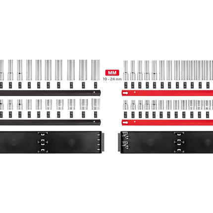 TEKTON 1/2 Inch Drive 12-Point Socket Set with Rails and Trays, 52-Piece (3/8-1 in., 10-24 mm) | SHD92214