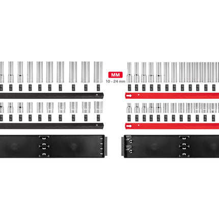 TEKTON 1/2 Inch Drive 12-Point Socket Set with Rails and Trays, 52-Piece (3/8-1 in., 10-24 mm) | SHD92214