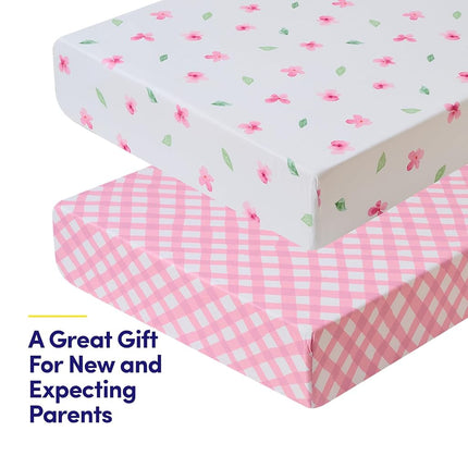 Paquete de 2 sábanas para cuna de niños y niñas – Ajuste elástico completo para colchones de cuna estándar (28″×52″) – Estampados elegantes de animales de zoológico, plumas, cuadros vichy y pétalos, enredaderas de acuarela, cuadros vichy y pétalos