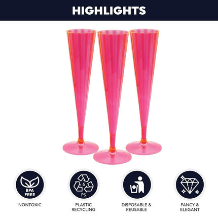 Party Essentials N280555 40Count Hard Plastic Twopiece 5 oz Champagne Flutes, Neon Pink