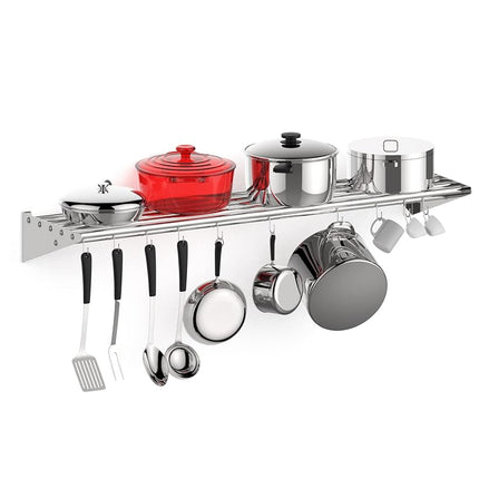 KYBOLT Stainless Steel Hanging Rack for Kitchen Storage and Organization, [NSF Certified] 12" W*48" L Shelf with 10 S Hooks for Hanging Pots, Pans for Home Kitchen, Restaurant & Hotel