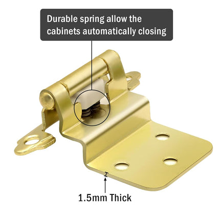 3/8 Inch Inset Brass Gold Cabinet Hinges, (10 Pairs - 20 Pack) Self Closing Hinges for Cabinets Doors, Kitchen Cabinet Door Hinges Hardware