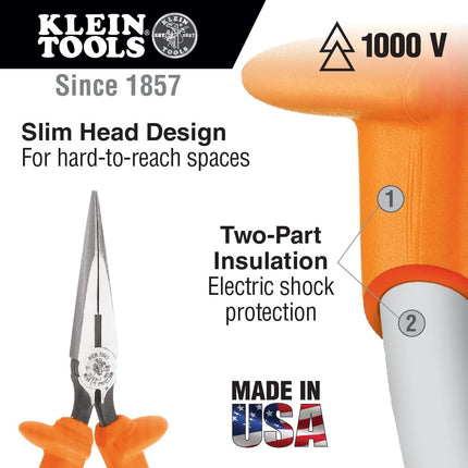 Klein Tools D203-7-INS Insulated Long Nose Side-Cutter Pliers, Curved Handles Covered in Dual Layer Insulation with Hand Guards, 7-Inch