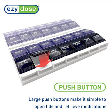 EZY DOSE Weekly (7-Day) Pill Organizer, Vitamin Container, and Daily Medicine Planner, 2X-Large Push Button Compartments, Arthritis Friendly, Easy to Use, 4 Times a Day, Grayscale Lids, BPA Free