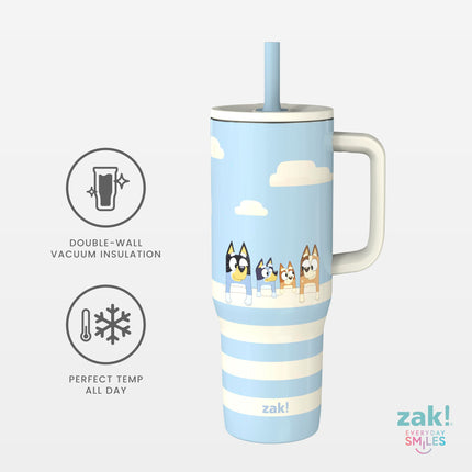 Vaso de viaje Sutton de Bluey de Zak Designs para llevar, de acero inoxidable de 887 ml con aislamiento al vacío, pajita de silicona y asa para bebidas frías (Bluey, Bingo, Bandit, Chilli)