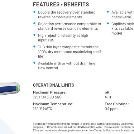 Pentair Pentek GRO-50EN High Efficiency Reverse Osmosis Membrane, TLC Encapsulated Replacement Membrane with Permeate Check Valve, 150 ML/Minute Drain Line Flow Control, 50 GPD Flow Rate