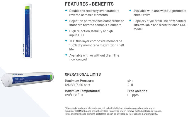 Pentair Pentek GRO-50EN High Efficiency Reverse Osmosis Membrane, TLC Encapsulated Replacement Membrane with Permeate Check Valve, 150 ML/Minute Drain Line Flow Control, 50 GPD Flow Rate