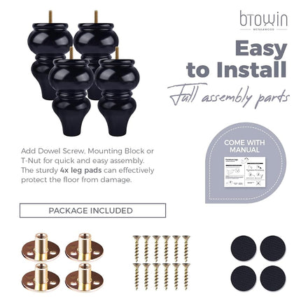 Btowin VCF 6 Inch / 15cm Solid Wood Furniture Legs, 4Pcs Black Couch Legs Turned Wooden Bun Feet with Threaded M8 Hanger Bolts & Mounting Plate & Screws for Sofa Cabinet TV Stand Ottoman Armchair