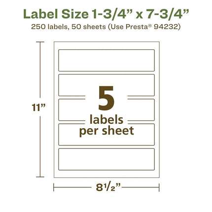 Avery EcoFriendly Matte White Recycled Rectangle Labels, 1.75" x 7.75", Print-to-The-Edge, Matte White Labels, Permanent Adhesive, Laser/Inkjet Printable, 250 Total