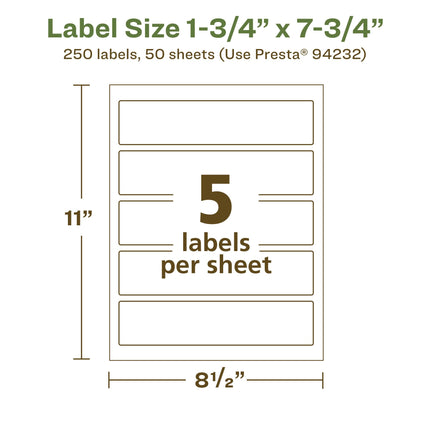 Avery EcoFriendly Matte White Recycled Rectangle Labels, 1.75" x 7.75", Print-to-The-Edge, Matte White Labels, Permanent Adhesive, Laser/Inkjet Printable, 250 Total