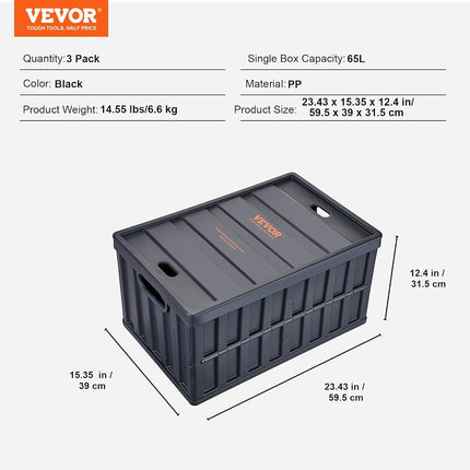 VEVOR 45L Collapsible Storage Bins with Lids 3 Packs, Stackable Utility Crates with Handles, Large Folding Containers for Organizing Tools, Snacks, Books, Food, Drinks, Camping & Transport
